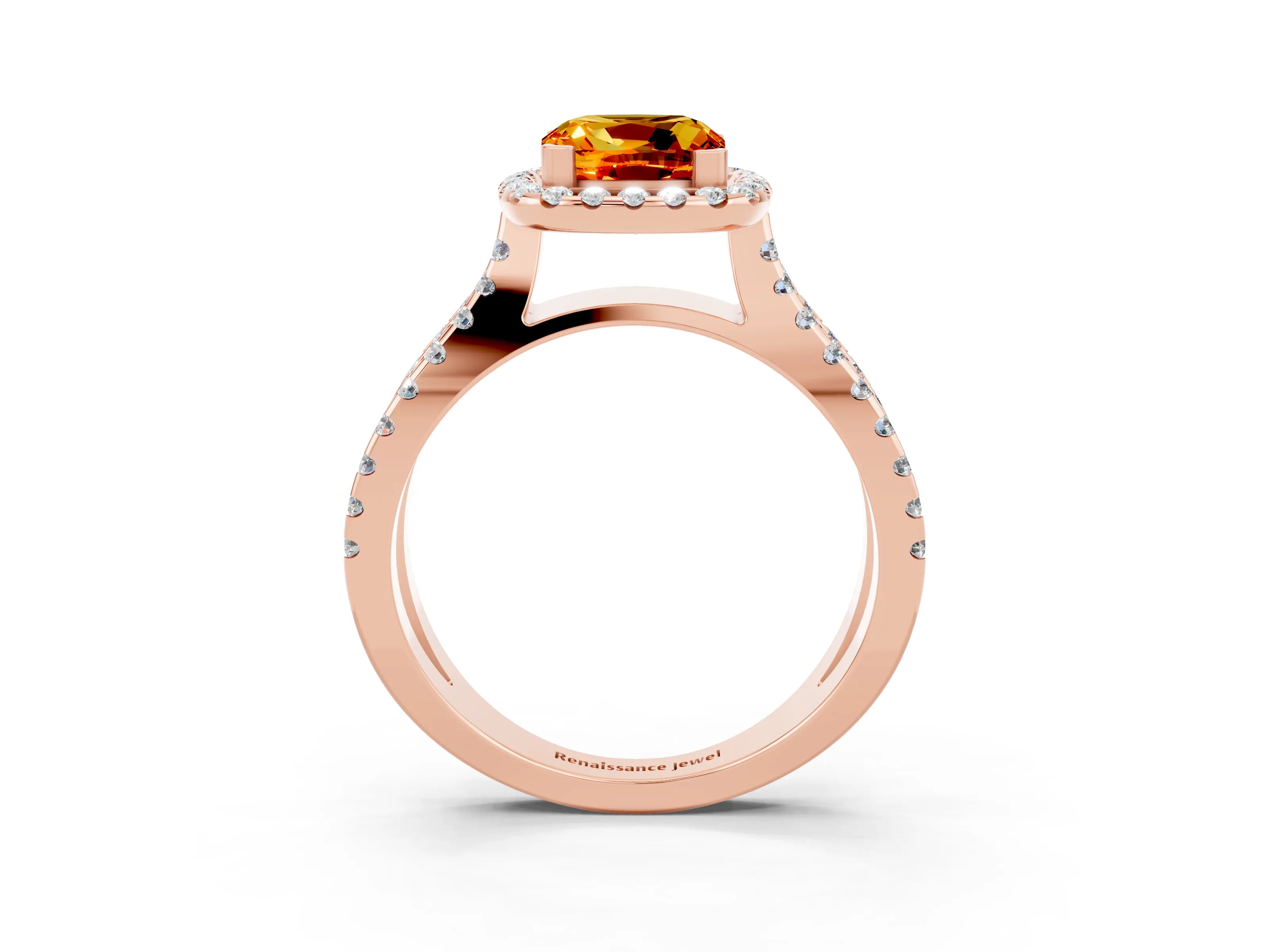 Rose gold Cushion Cut Citrine Halo Ring with Split Shank Pavé Band and Prong Setting_3