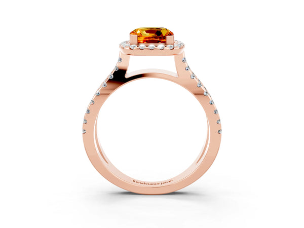 Rose gold Cushion Cut Citrine Halo Ring with Split Shank Pavé Band and Prong Setting