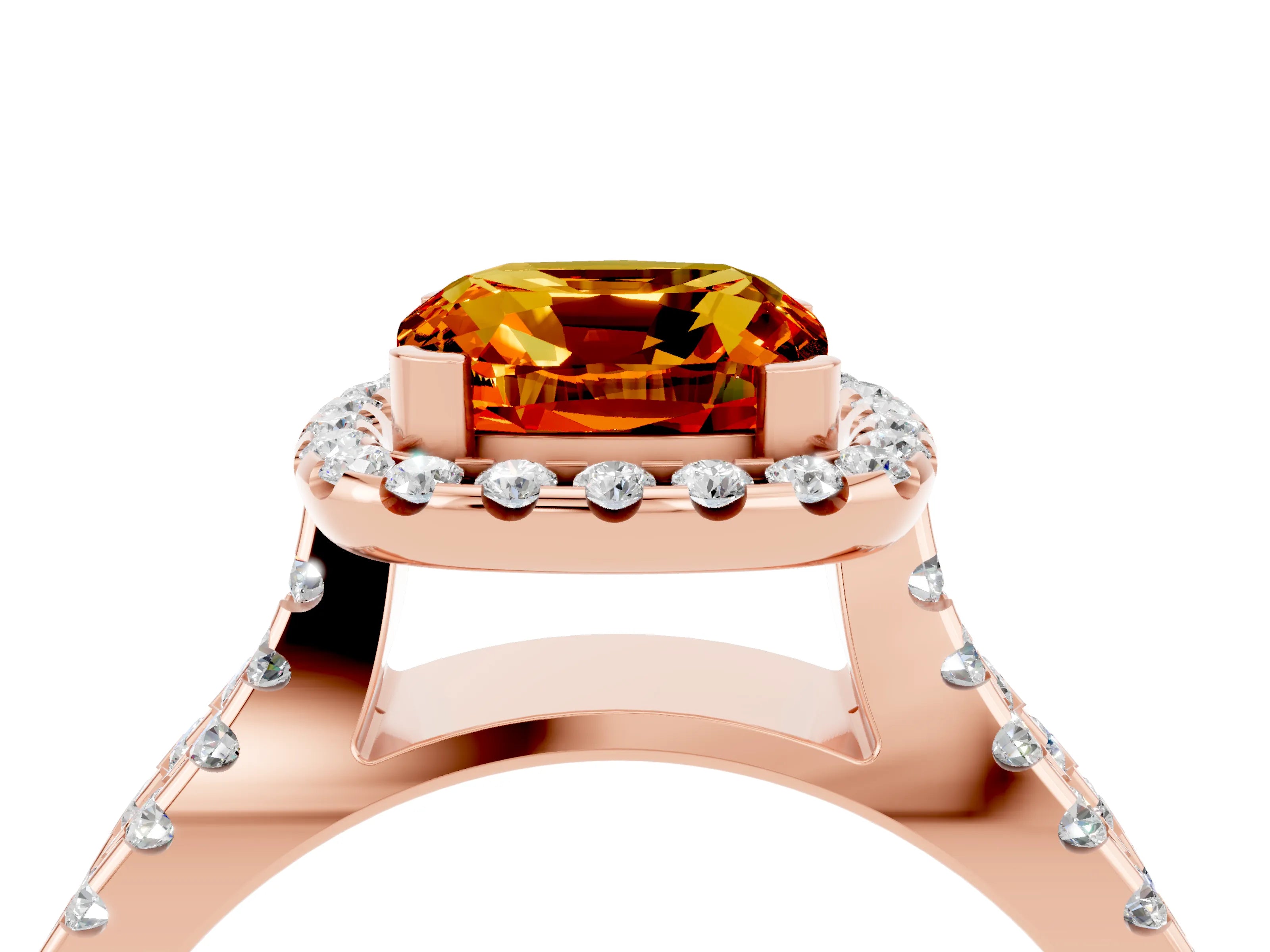 Rose gold Cushion Cut Citrine Halo Ring with Split Shank Pavé Band and Prong Setting_4