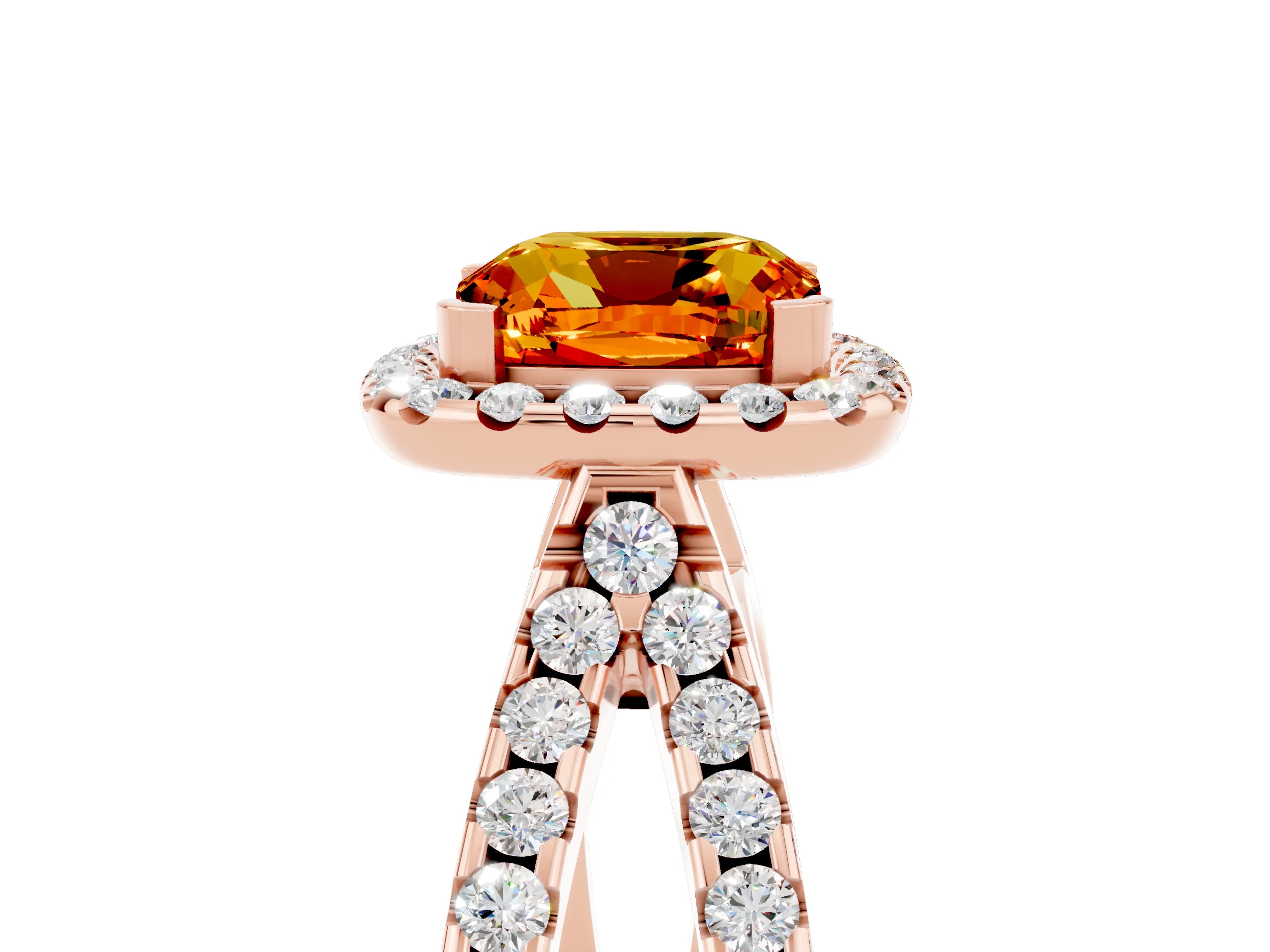Rose gold Cushion Cut Citrine Halo Ring with Split Shank Pavé Band and Prong Setting_5
