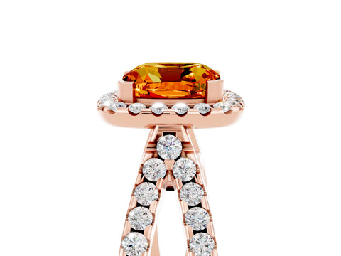 Rose gold Cushion Cut Citrine Halo Ring with Split Shank Pavé Band and Prong Setting_5