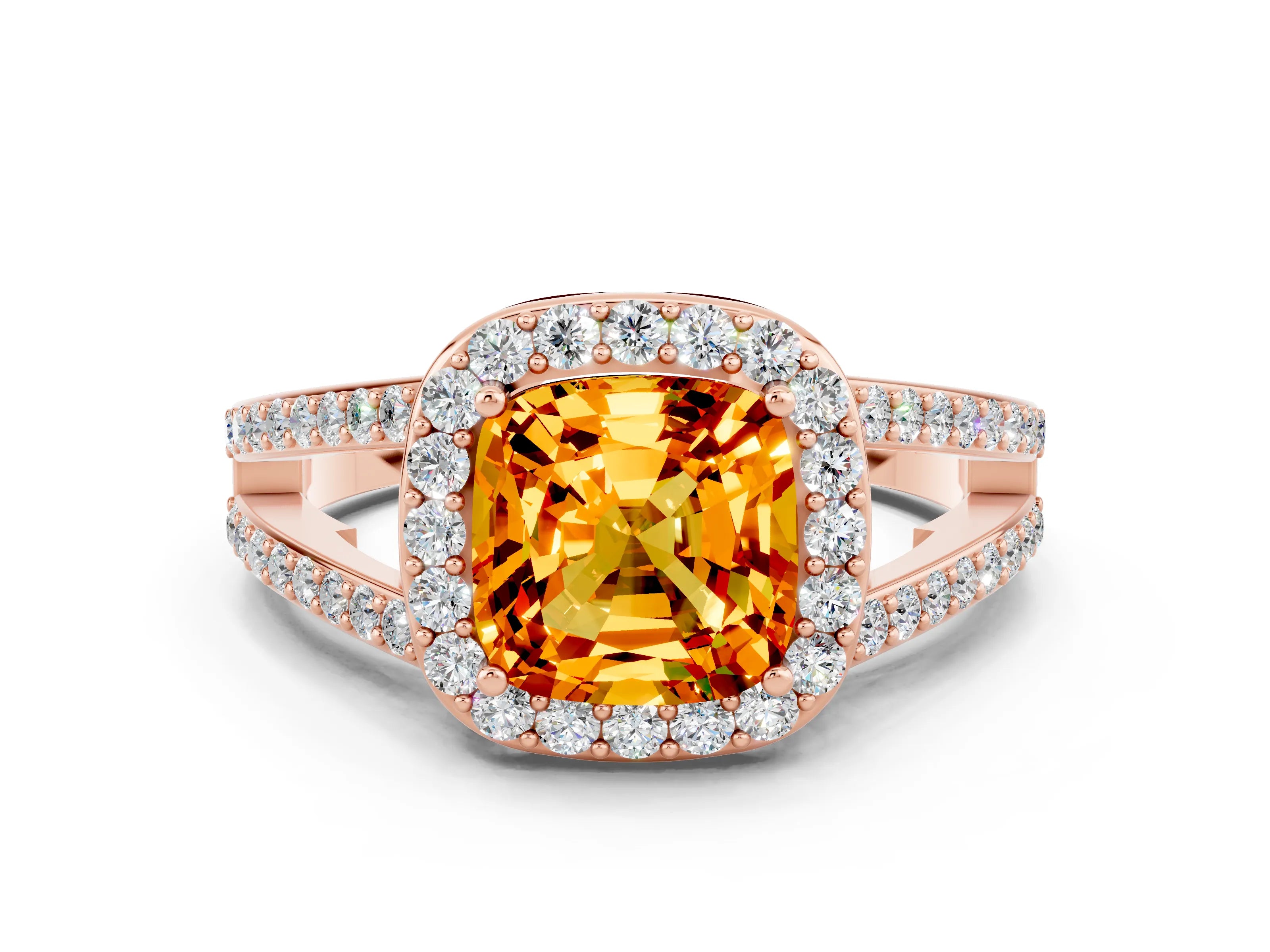 Rose gold Cushion Cut Citrine Halo Ring with Split Shank U-Prong Band and Four-Prong Setting