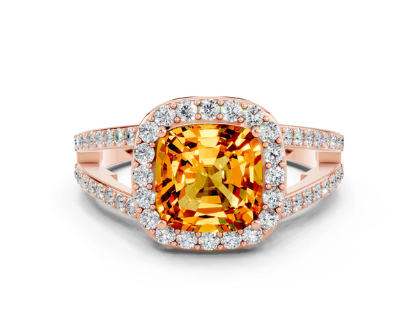 Rose gold Cushion Cut Citrine Halo Ring with Split Shank U-Prong Band and Four-Prong Setting