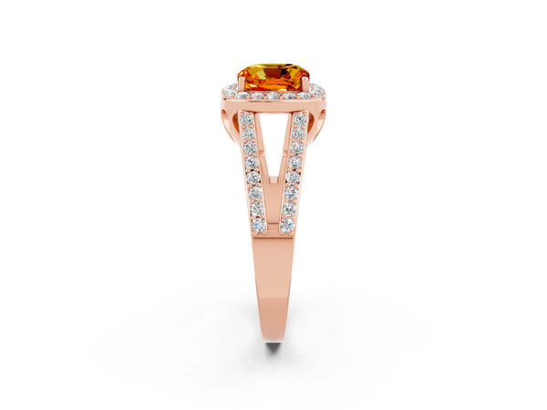 Rose gold Cushion Cut Citrine Halo Ring with Split Shank U-Prong Band and Four-Prong Setting
