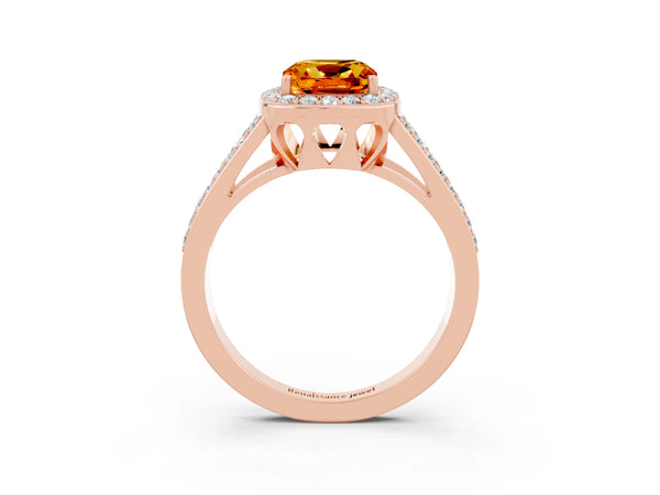 Rose gold Cushion Cut Citrine Halo Ring with Split Shank U-Prong Band and Four-Prong Setting