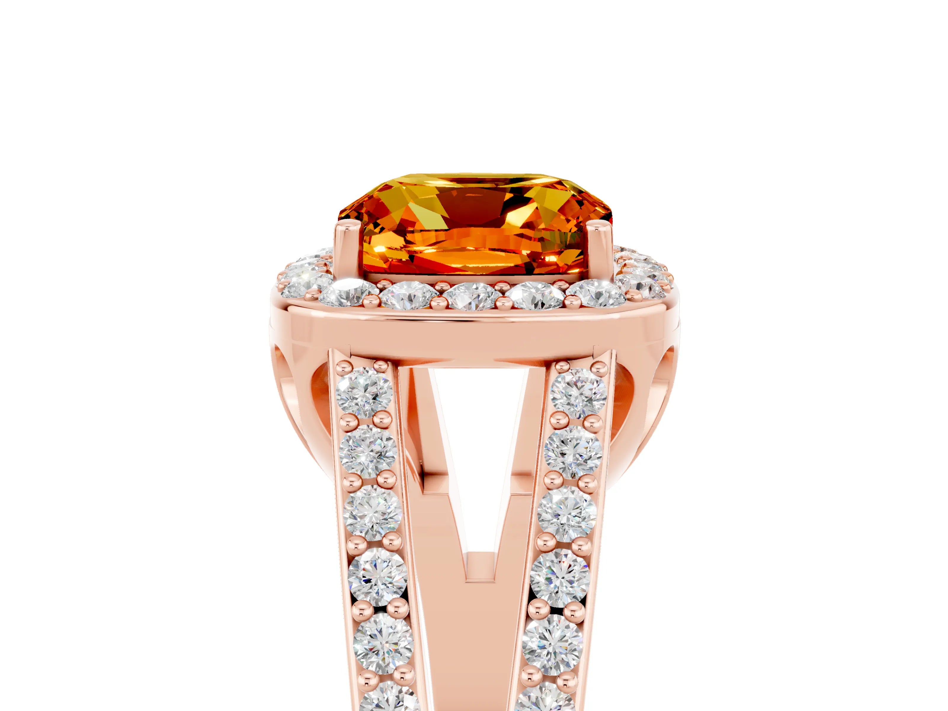 Rose gold Cushion Cut Citrine Halo Ring with Split Shank U-Prong Band and Four-Prong Setting_5