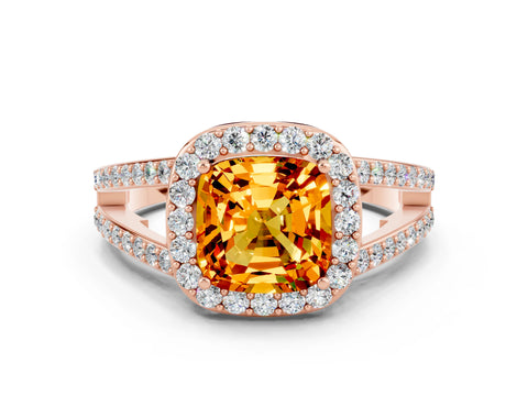 Rose gold Cushion Cut Citrine Halo Ring with Split Shank U-Prong Band and Four-Prong Setting