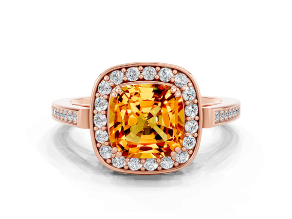 Rose gold Cushion Cut Citrine Halo Ring with Split Shank and Four-Prong Setting
