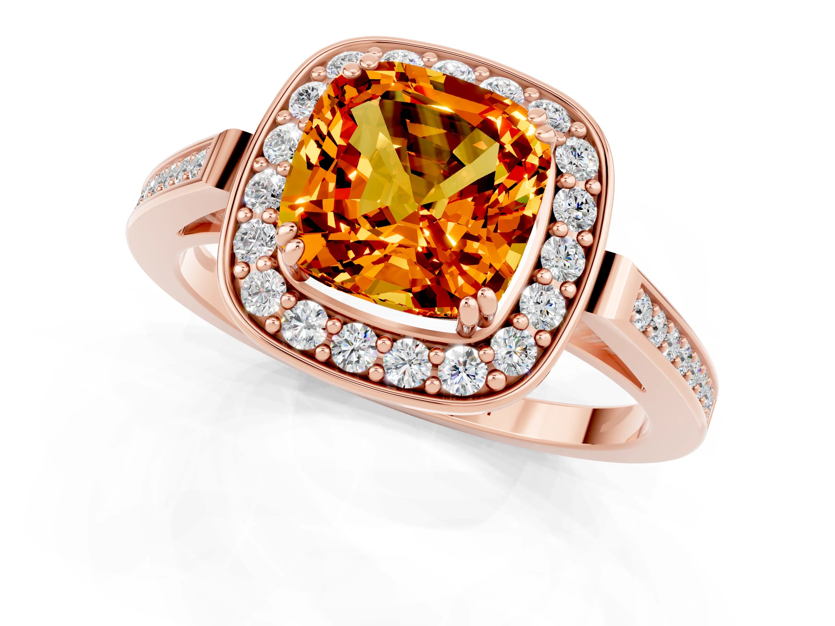 Rose gold Cushion Cut Citrine Halo Ring with Split Shank and Four-Prong Setting_1