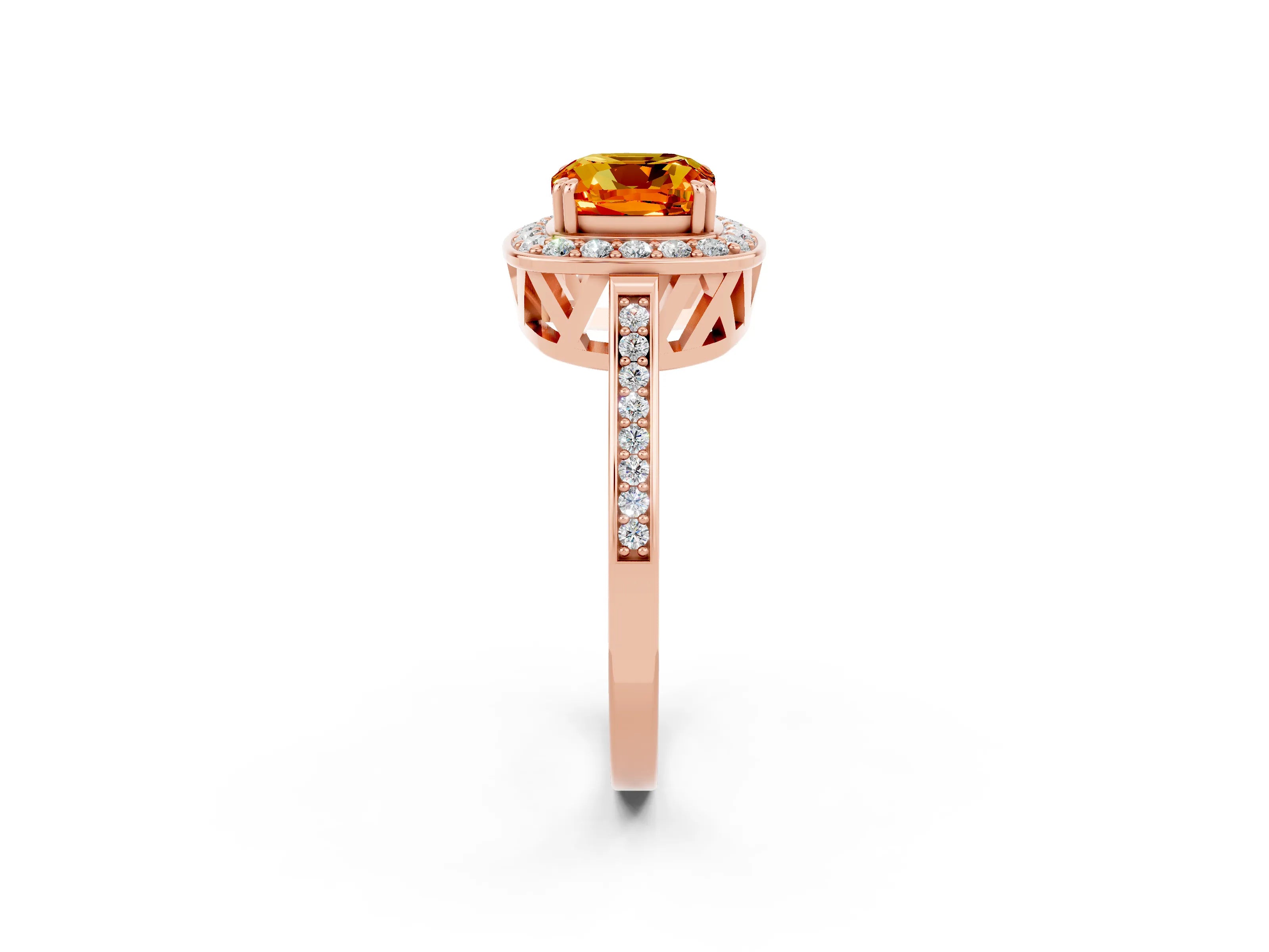 Rose gold Cushion Cut Citrine Halo Ring with Split Shank and Four-Prong Setting_2