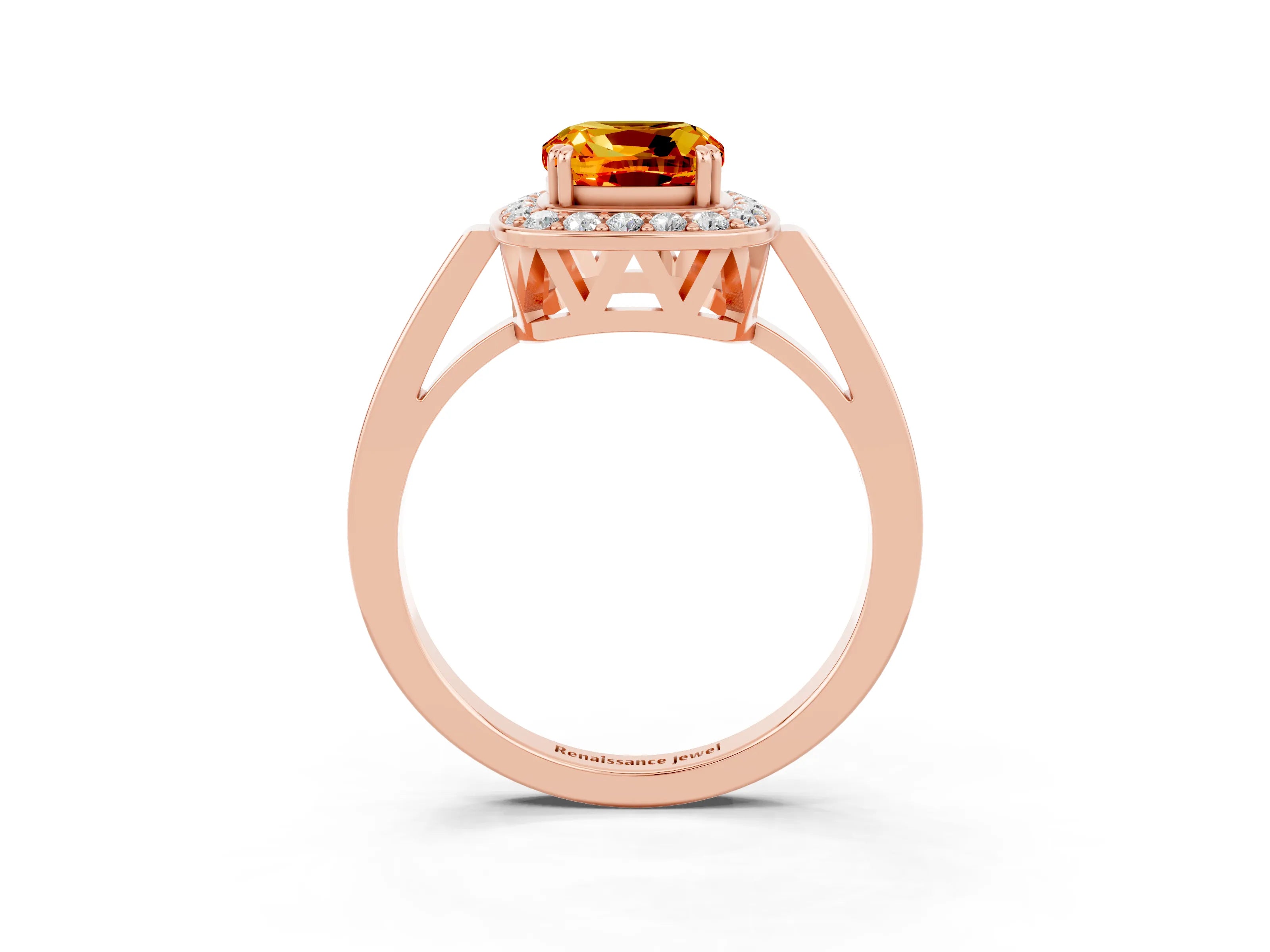 Rose gold Cushion Cut Citrine Halo Ring with Split Shank and Four-Prong Setting_3