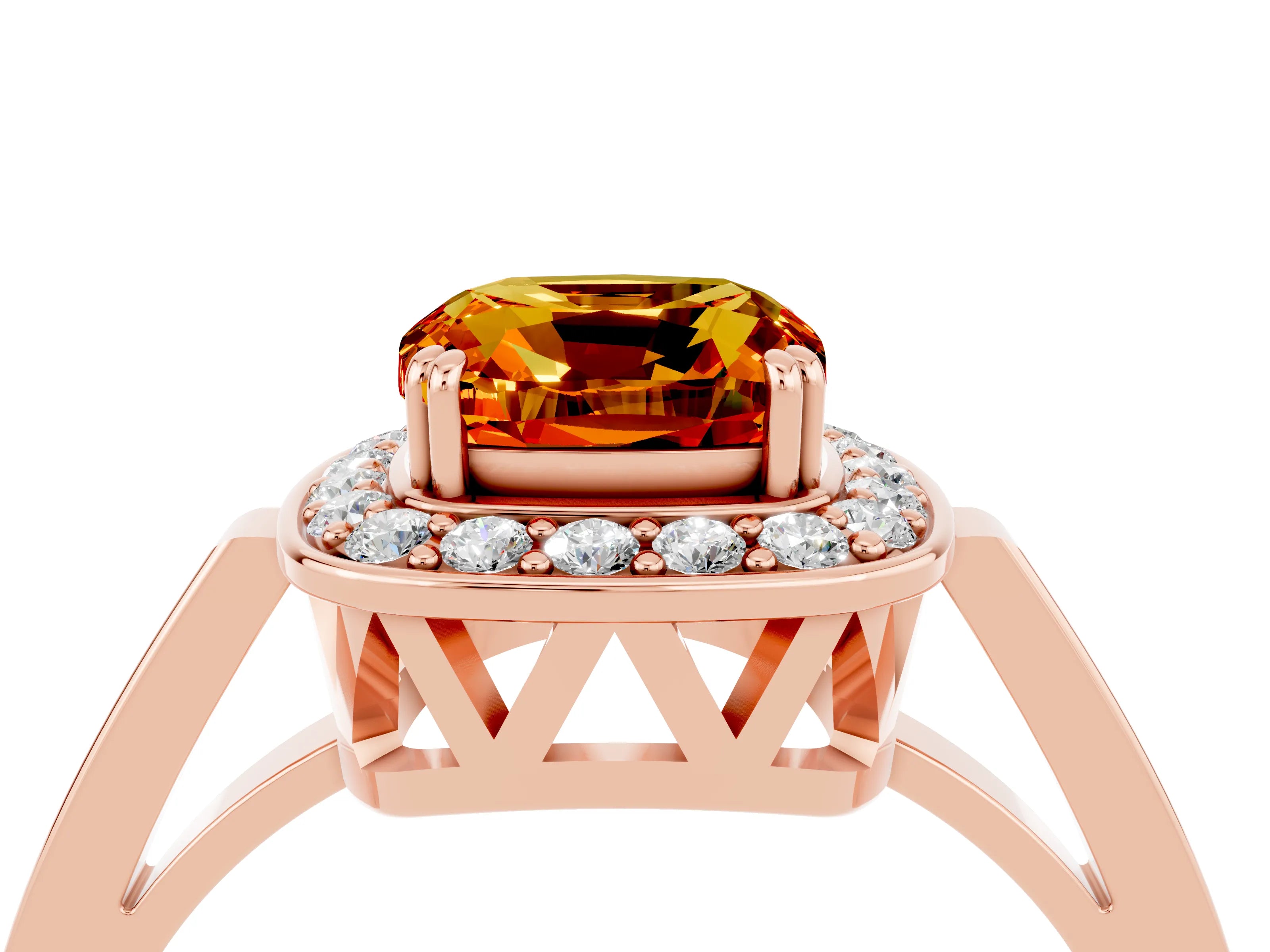 Rose gold Cushion Cut Citrine Halo Ring with Split Shank and Four-Prong Setting_4