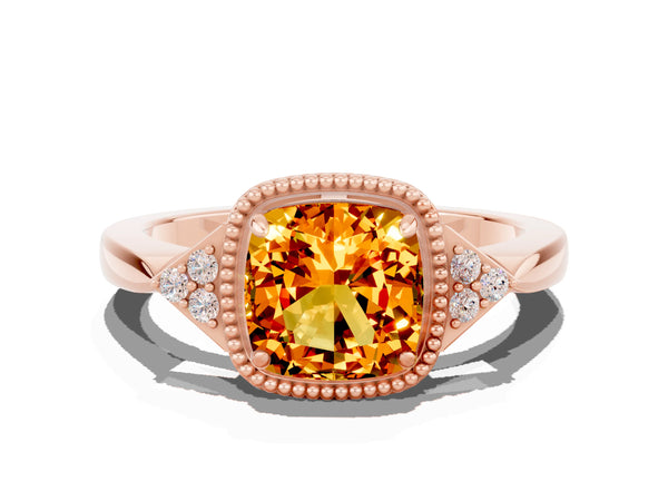 Rose gold Cushion Cut Citrine Halo Ring with Tapered Band and Four-Prong Setting
