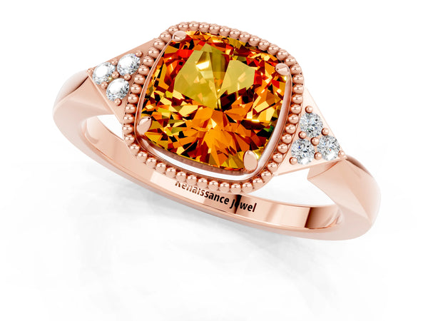 Rose gold Cushion Cut Citrine Halo Ring with Tapered Band and Four-Prong Setting