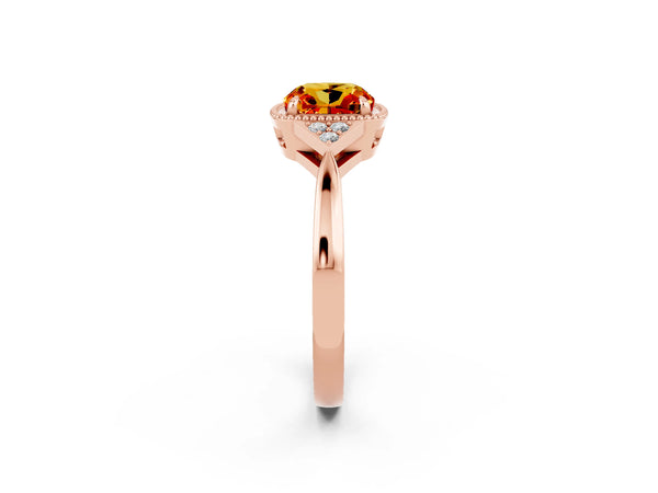 Rose gold Cushion Cut Citrine Halo Ring with Tapered Band and Four-Prong Setting