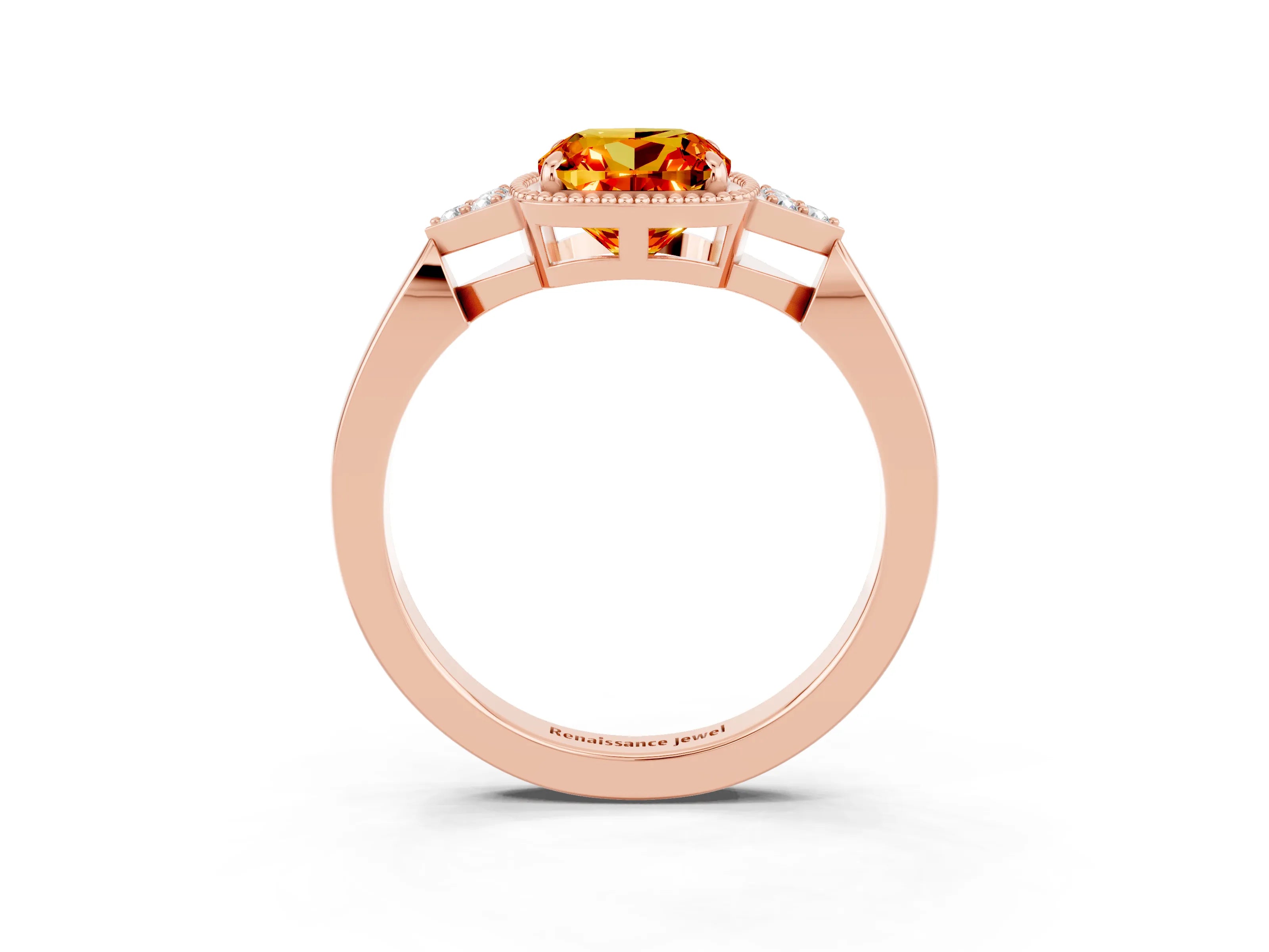 Rose gold Cushion Cut Citrine Halo Ring with Tapered Band and Four-Prong Setting_3