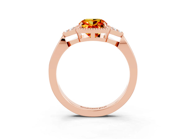 Rose gold Cushion Cut Citrine Halo Ring with Tapered Band and Four-Prong Setting