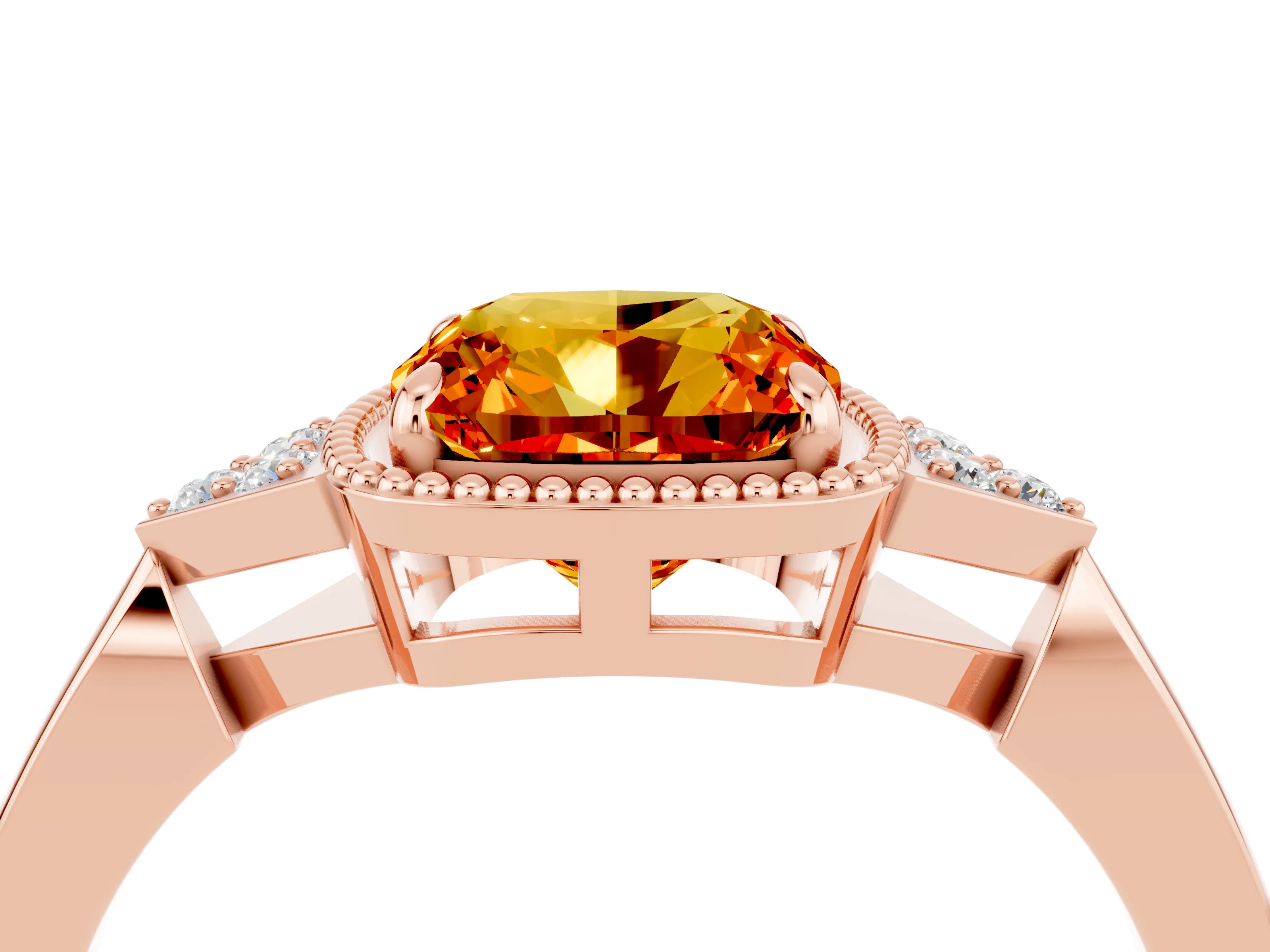 Rose gold Cushion Cut Citrine Halo Ring with Tapered Band and Four-Prong Setting_4