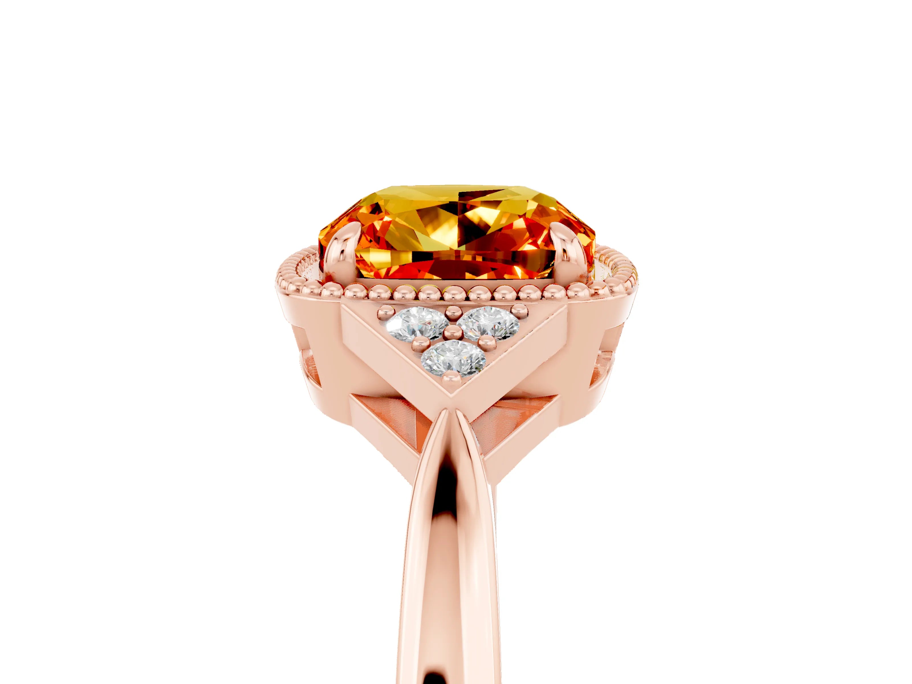 Rose gold Cushion Cut Citrine Halo Ring with Tapered Band and Four-Prong Setting_5