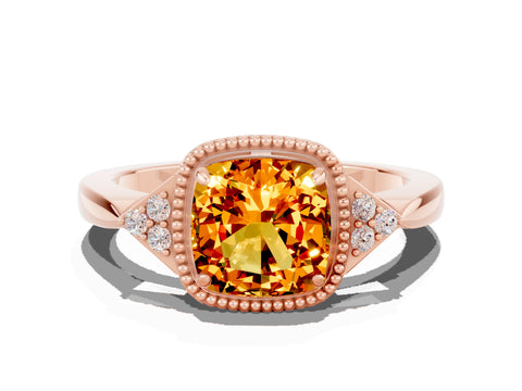 Rose gold Cushion Cut Citrine Halo Ring with Tapered Band and Four-Prong Setting