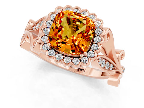 Rose gold Cushion Cut Citrine Halo Ring with Vintage Split Shank and Four-Prong Setting_1