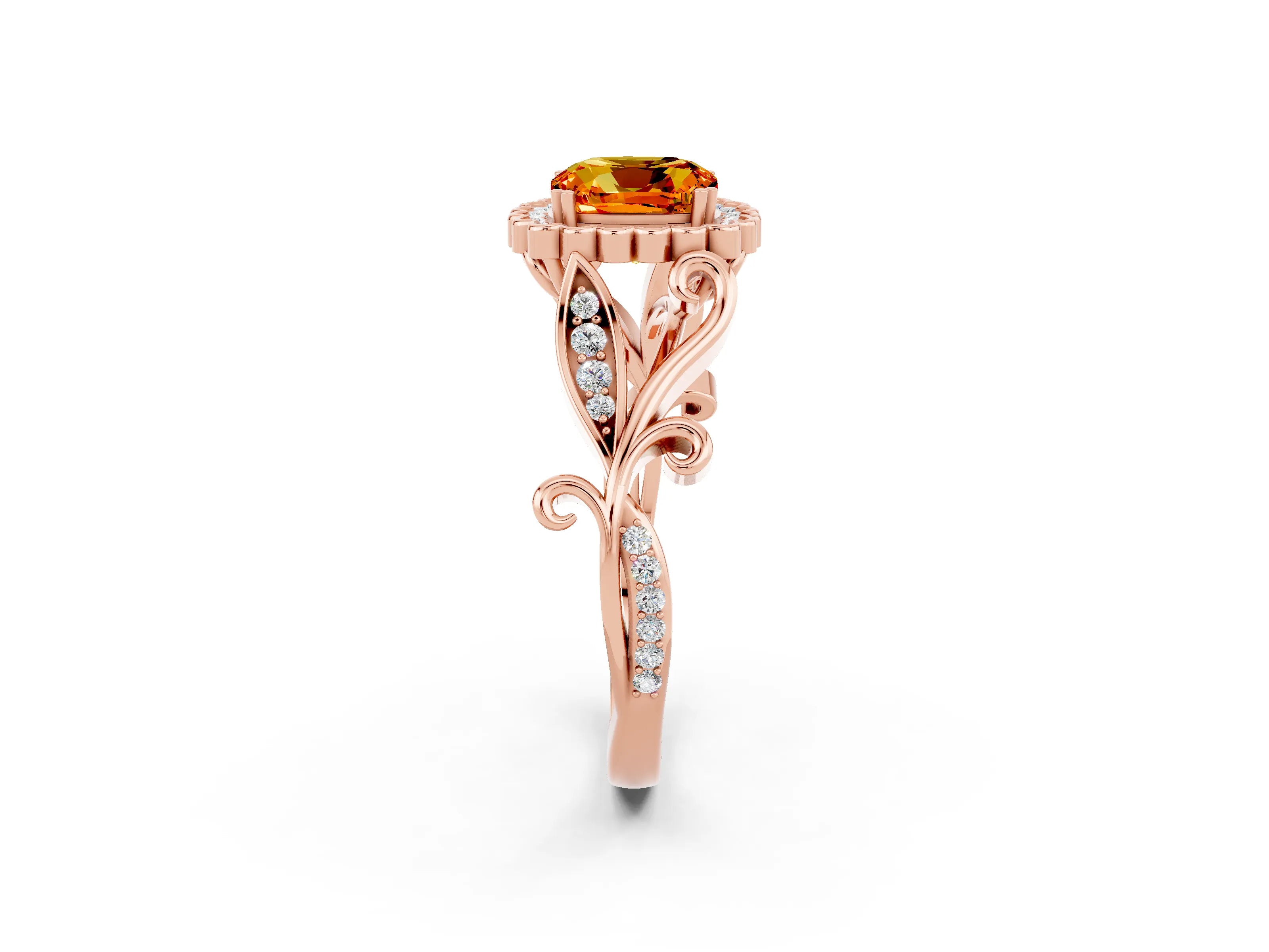Rose gold Cushion Cut Citrine Halo Ring with Vintage Split Shank and Four-Prong Setting_2