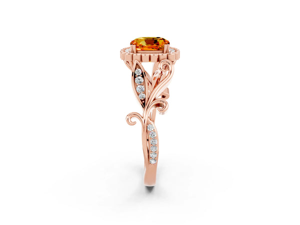 Rose gold Cushion Cut Citrine Halo Ring with Vintage Split Shank and Four-Prong Setting