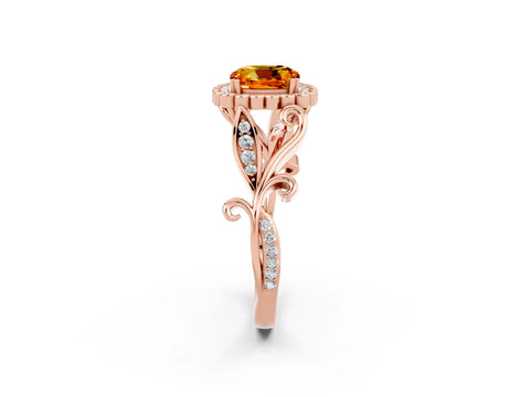 Rose gold Cushion Cut Citrine Halo Ring with Vintage Split Shank and Four-Prong Setting_2