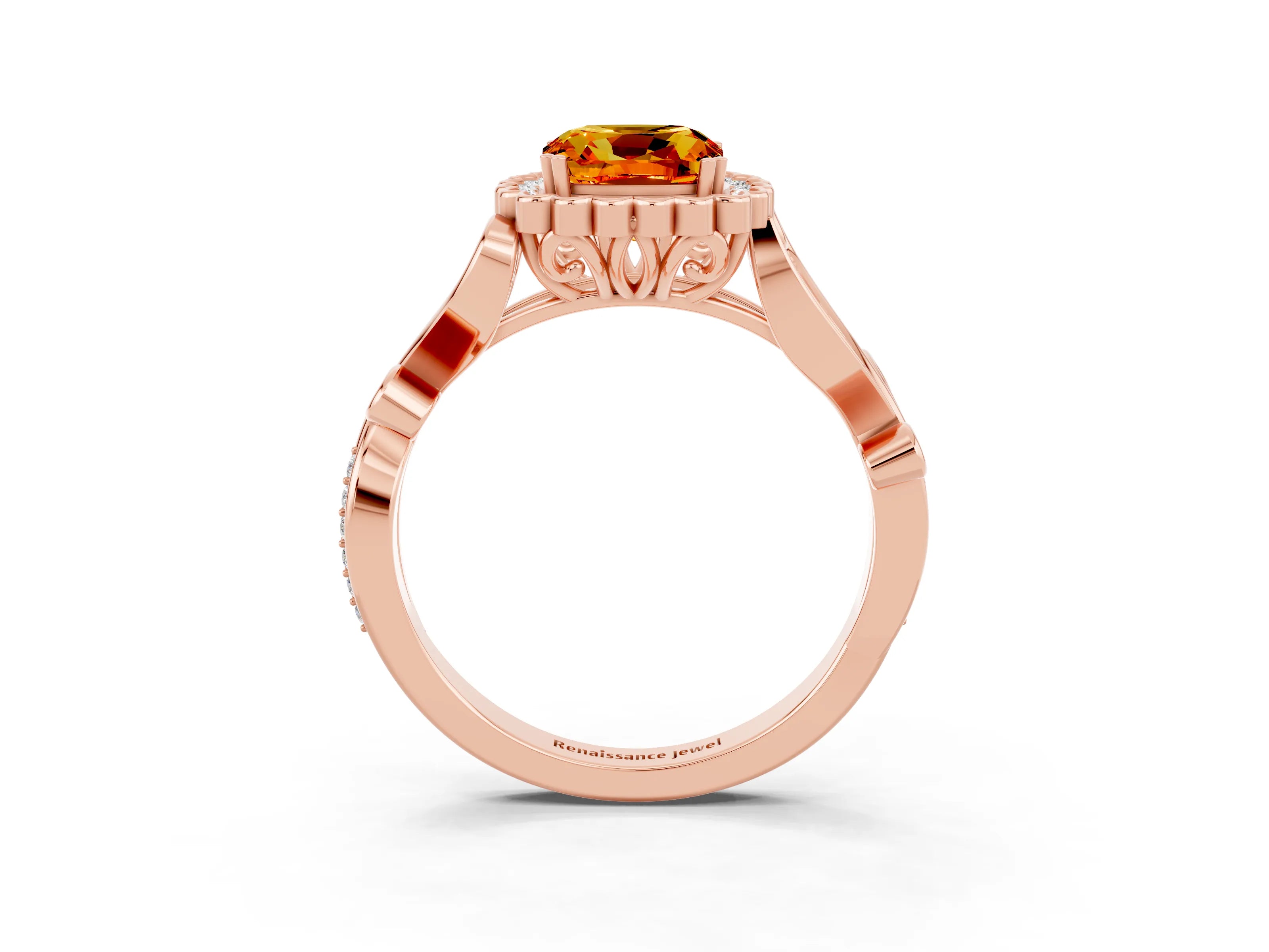 Rose gold Cushion Cut Citrine Halo Ring with Vintage Split Shank and Four-Prong Setting_3
