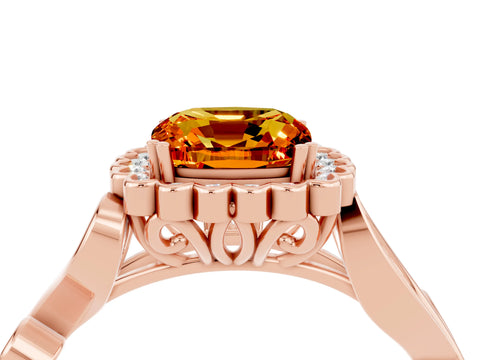 Rose gold Cushion Cut Citrine Halo Ring with Vintage Split Shank and Four-Prong Setting_4