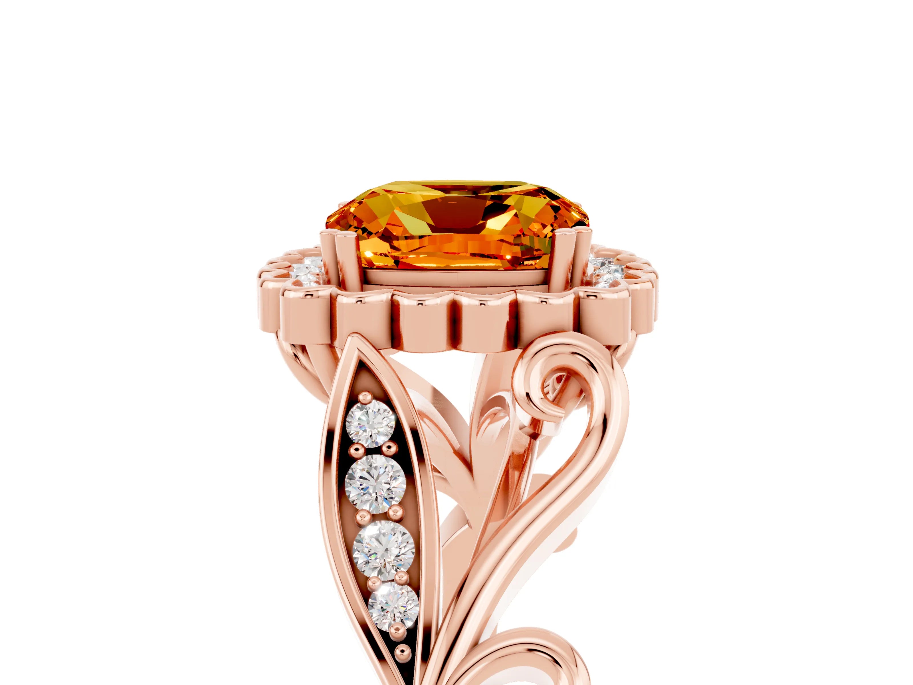 Rose gold Cushion Cut Citrine Halo Ring with Vintage Split Shank and Four-Prong Setting_5