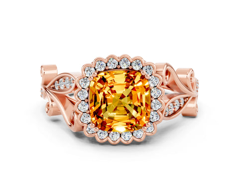 Rose gold Cushion Cut Citrine Halo Ring with Vintage Split Shank and Four-Prong Setting