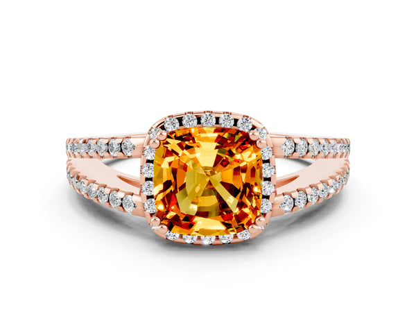 Rose gold Cushion Cut Citrine Halo Split Shank Engagement Ring