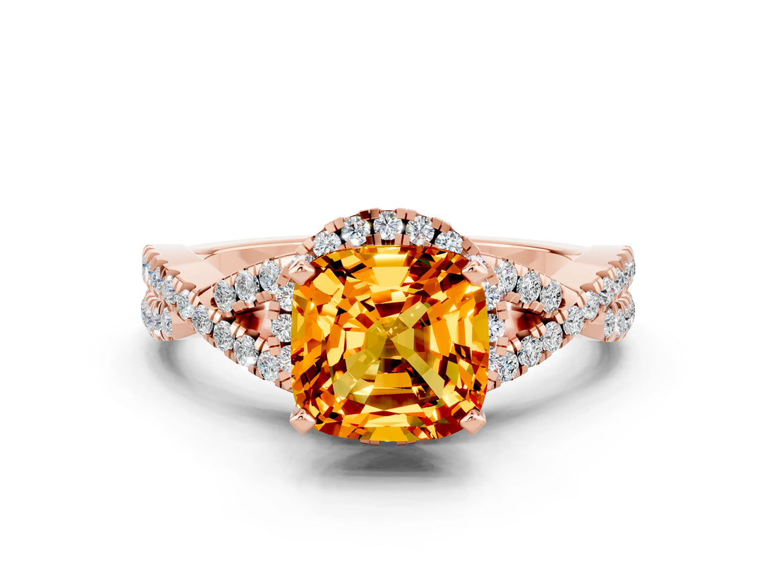 Rose gold Cushion Cut Citrine Halo Twist Band Solitaire Prong Setting Ring