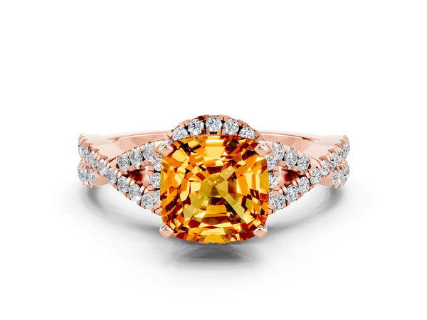 Rose gold Cushion Cut Citrine  Halo Twist Band Solitaire Prong Setting Ring