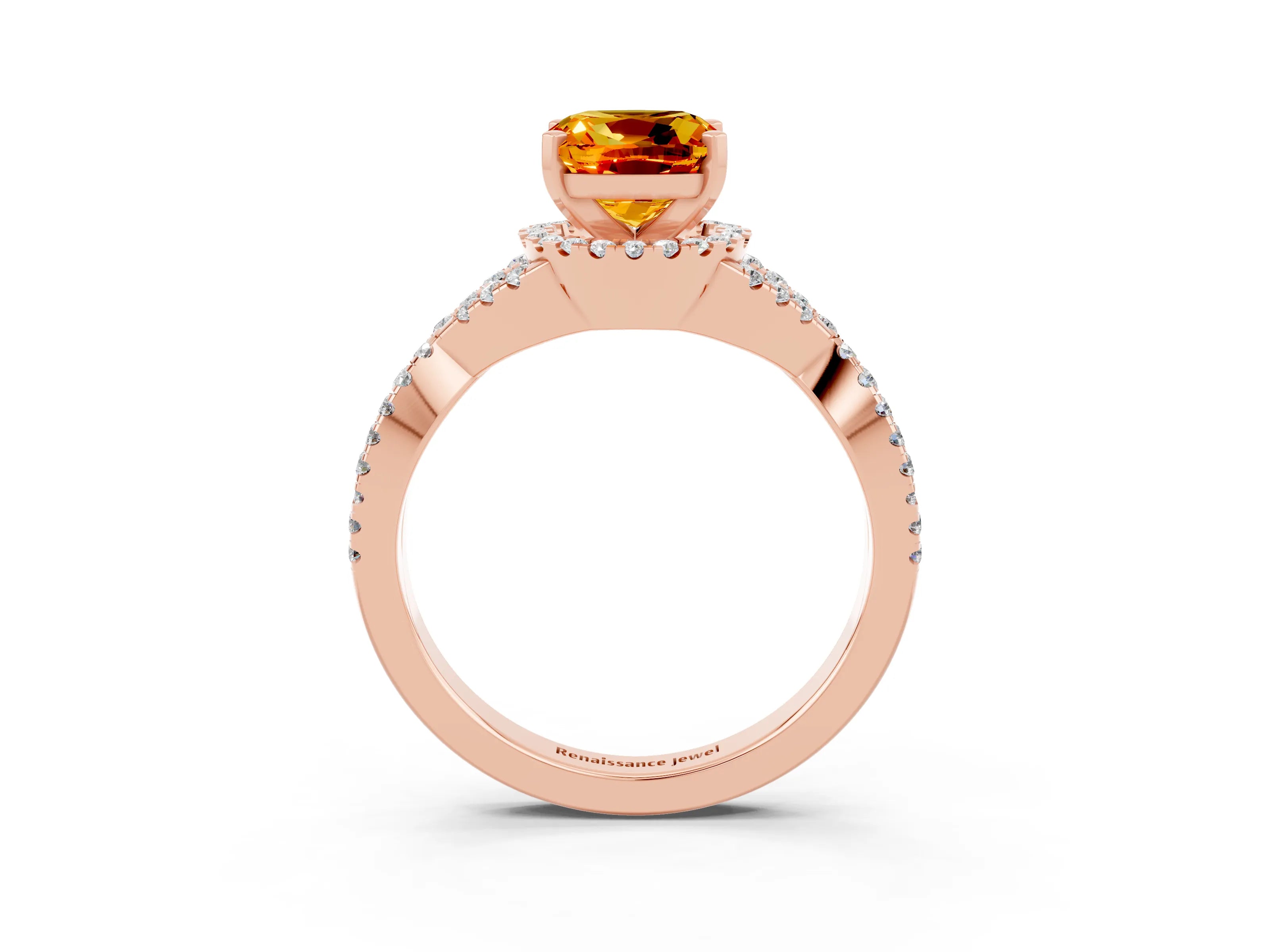 Rose gold Cushion Cut Citrine Halo Twist Band Solitaire Prong Setting Ring_3