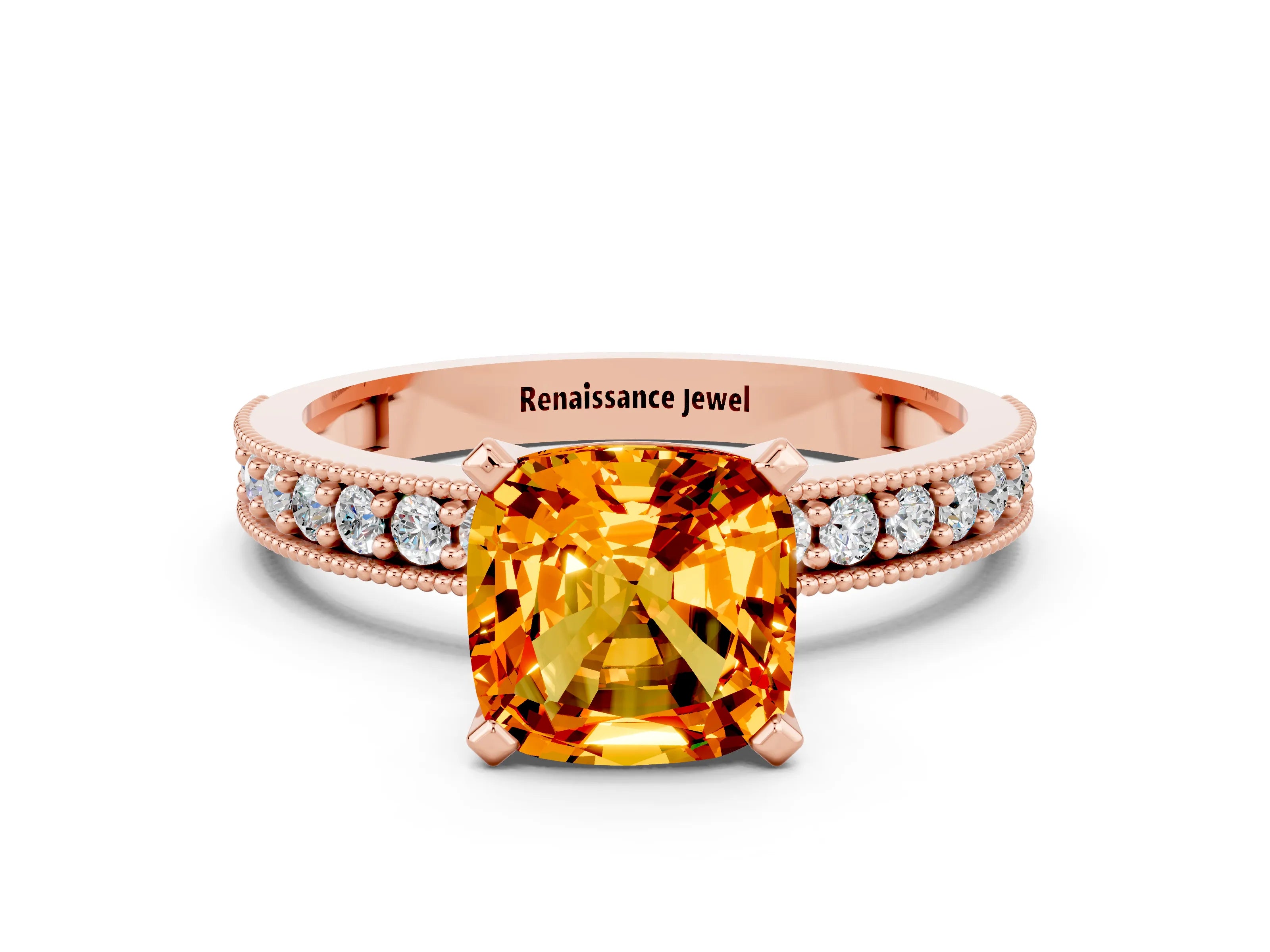 Rose gold Cushion Cut Citrine Milgrain Pavé Engagement Ring with Four-Prong Setting_12