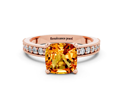 Rose gold Cushion Cut Citrine Milgrain Pavé Engagement Ring with Four-Prong Setting_12