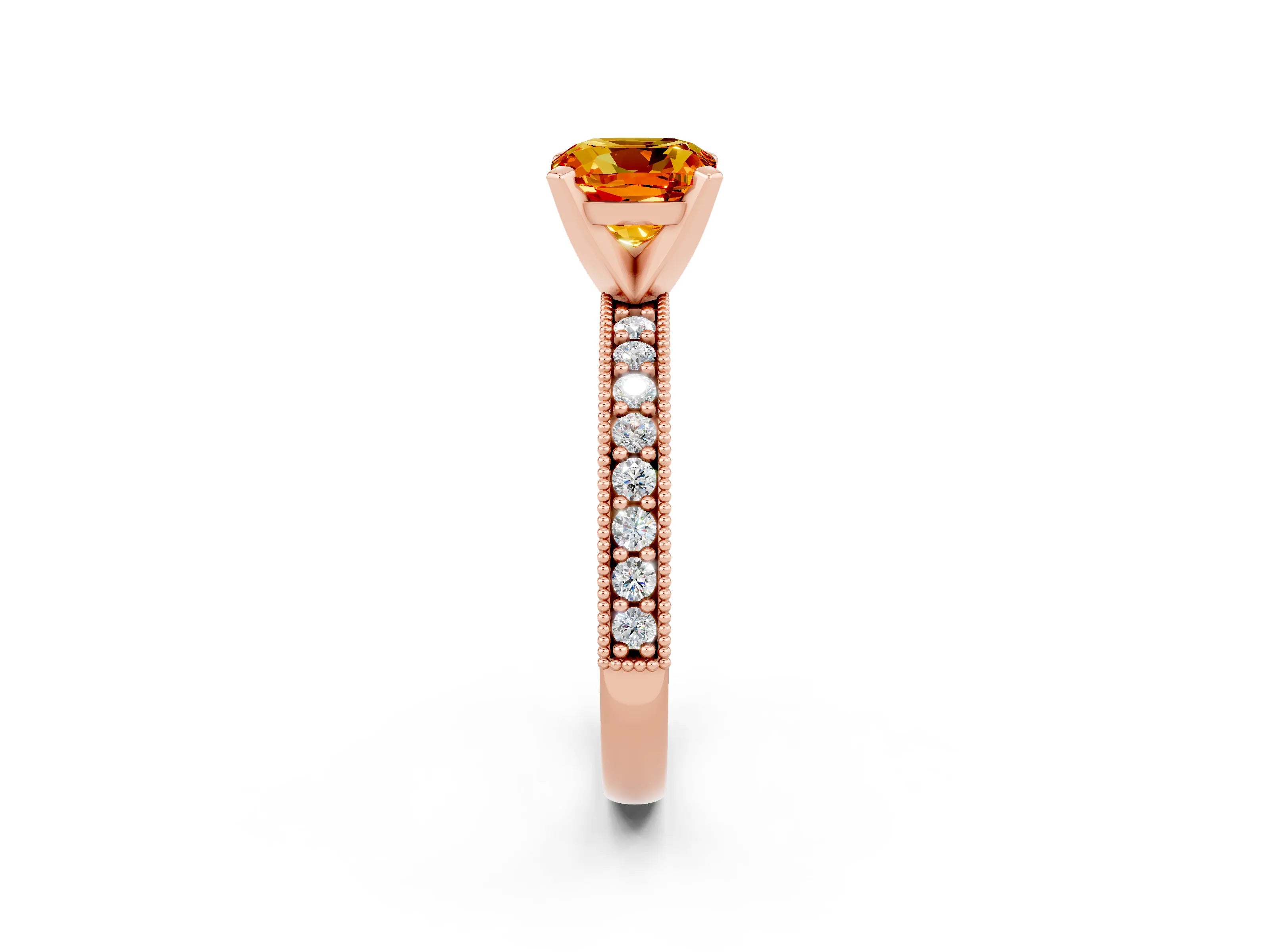 Rose gold Cushion Cut Citrine Milgrain Pavé Engagement Ring with Four-Prong Setting_14