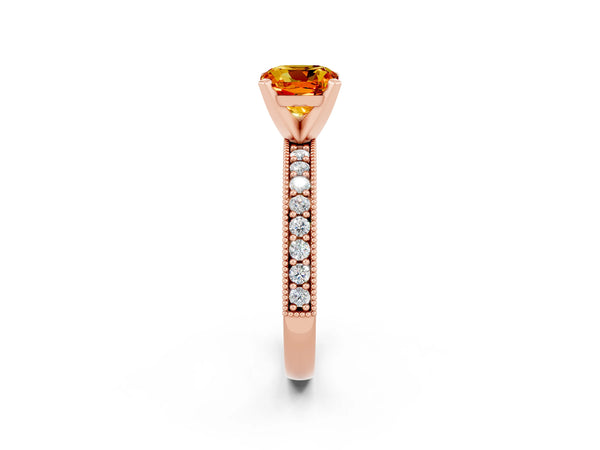 Rose gold Cushion Cut Citrine Milgrain Pavé Engagement Ring with Four-Prong Setting