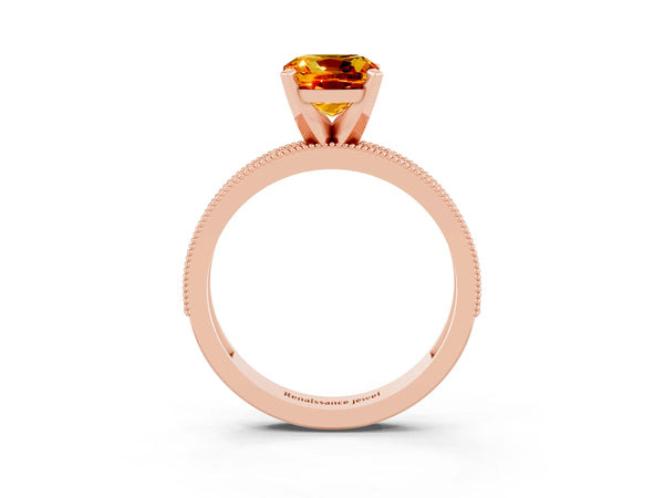 Rose gold Cushion Cut Citrine Milgrain Pavé Engagement Ring with Four-Prong Setting