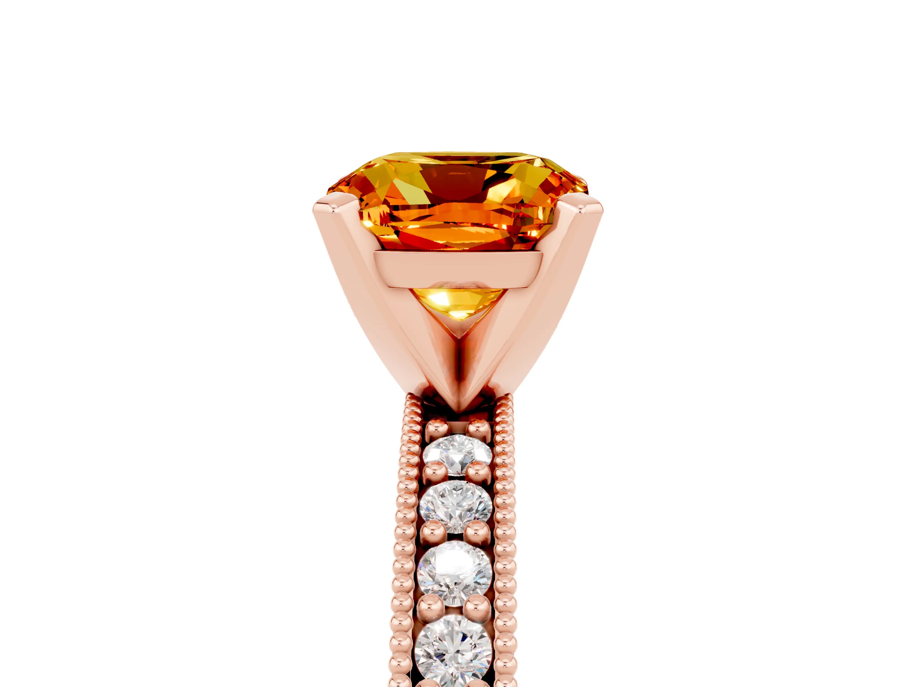 Rose gold Cushion Cut Citrine Milgrain Pavé Engagement Ring with Four-Prong Setting_17