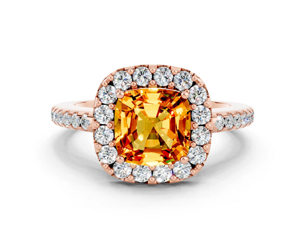 Rose gold Cushion Cut Citrine Pavé Halo Ring with Four-Prong Setting