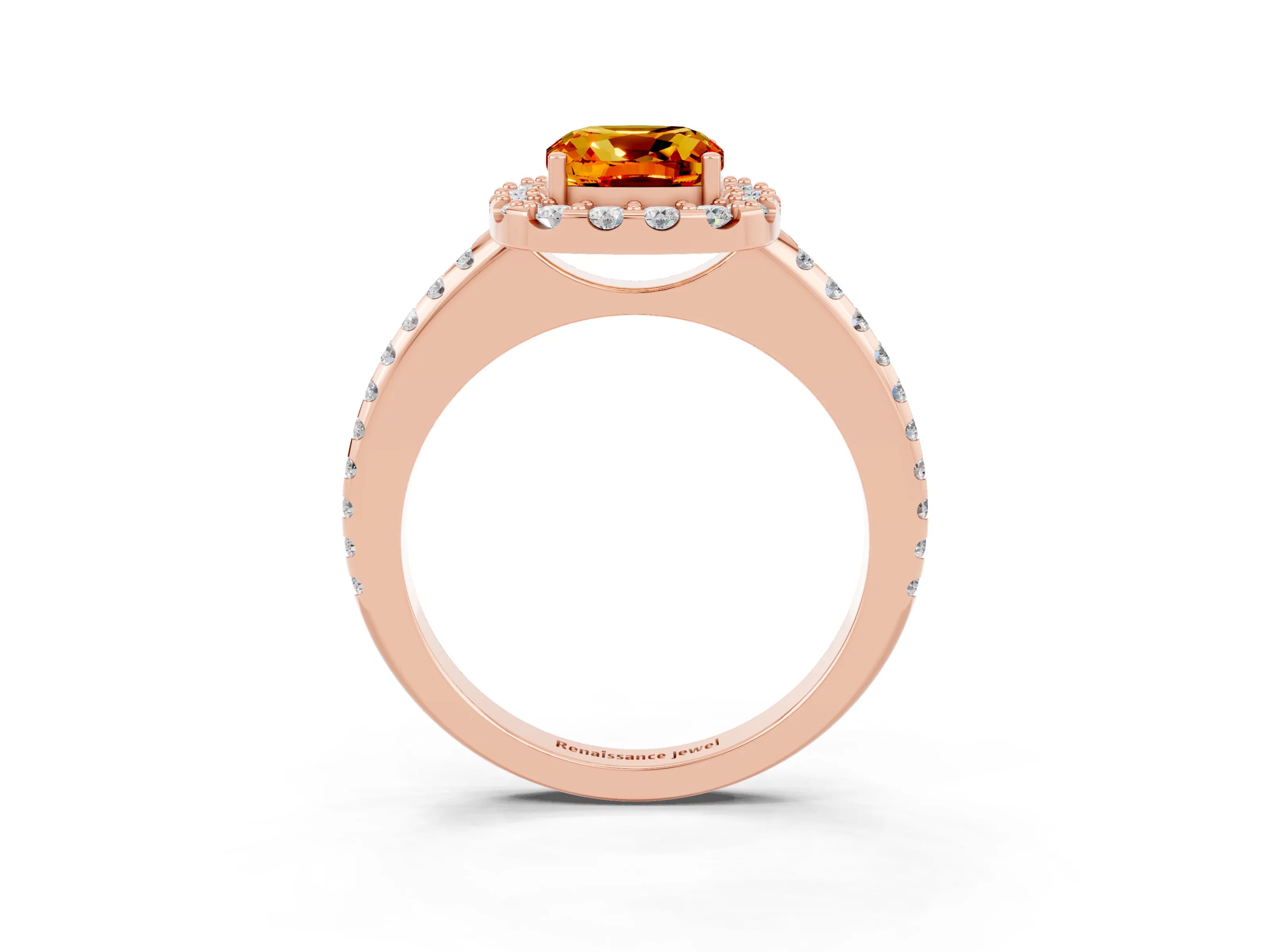 Rose gold Cushion Cut Citrine Pavé Halo Ring with Four-Prong Setting_15