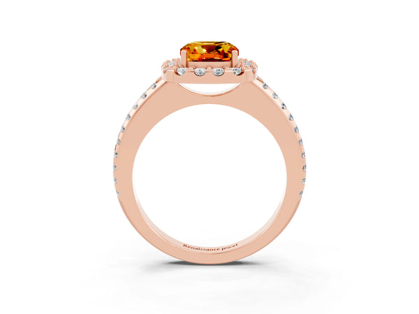 Rose gold Cushion Cut Citrine Pavé Halo Ring with Four-Prong Setting