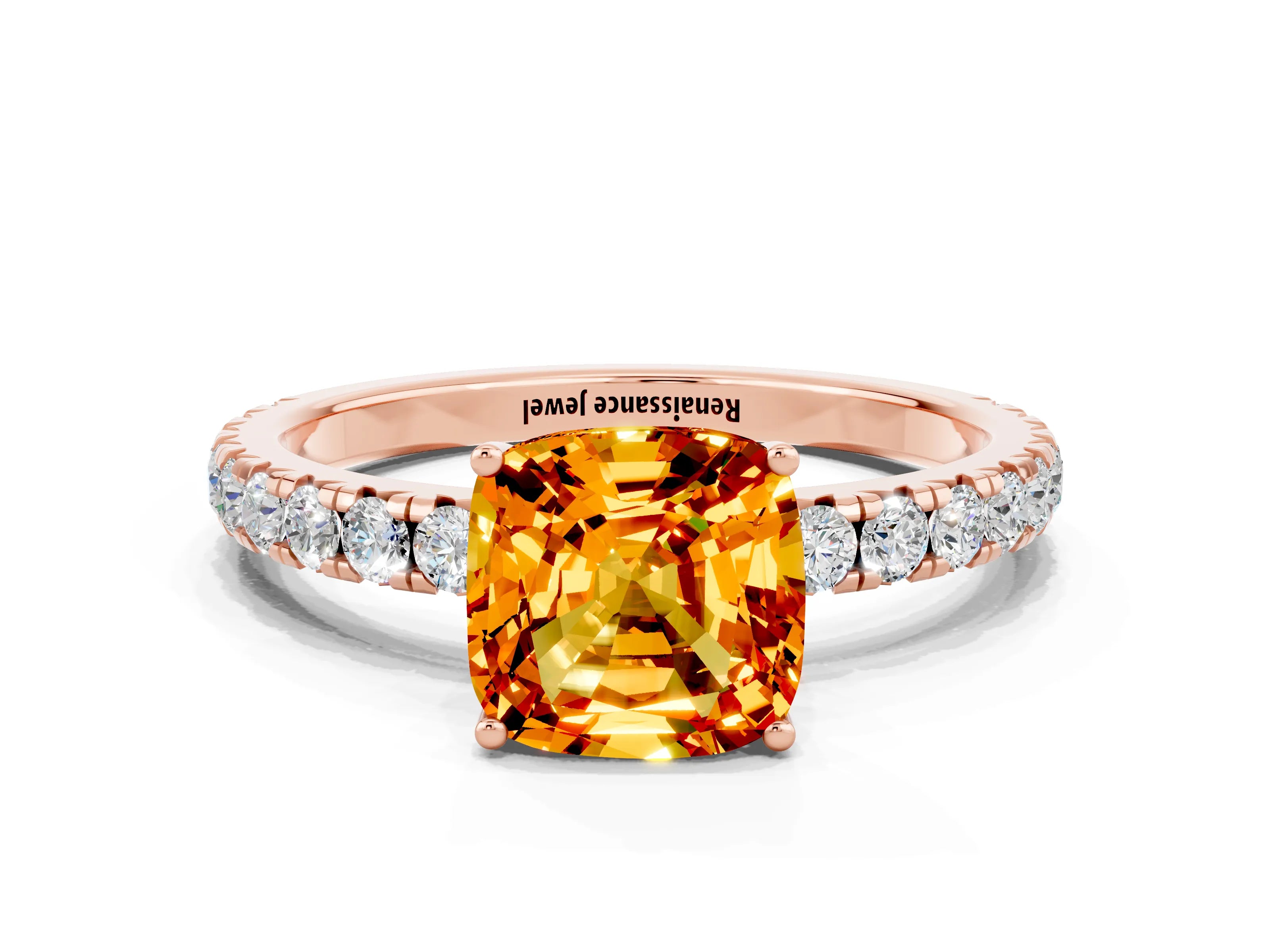 Rose gold Cushion Cut Citrine Pavé Solitaire Engagement Ring with Four-Prong Setting_12