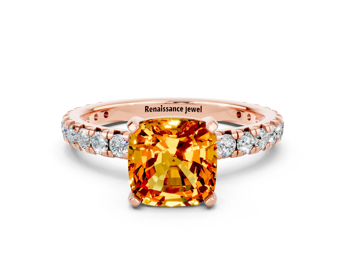 Rose gold Cushion Cut Citrine Pavé Solitaire Ring with Round Band and Prong Setting_12