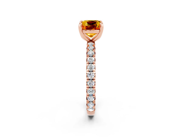 Rose gold Cushion Cut Citrine Pavé Solitaire Ring with Round Band and Prong Setting