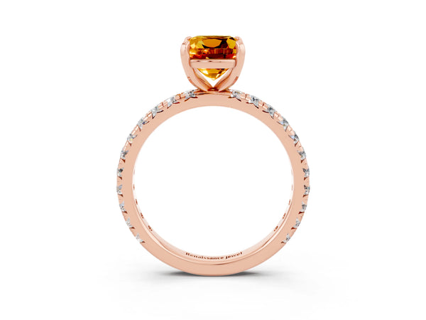 Rose gold Cushion Cut Citrine Pavé Solitaire Ring with Round Band and Prong Setting