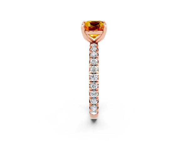 Rose gold Cushion Cut Citrine Pavé Solitaire Ring with Round Band and Prong Setting